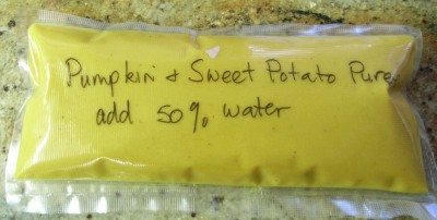 Pumpkin and Sweet Potato puree - ready to freeze and take on holiday. Add water when defrosted.