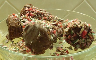 Coated cones with chocolate and crushed candy canes